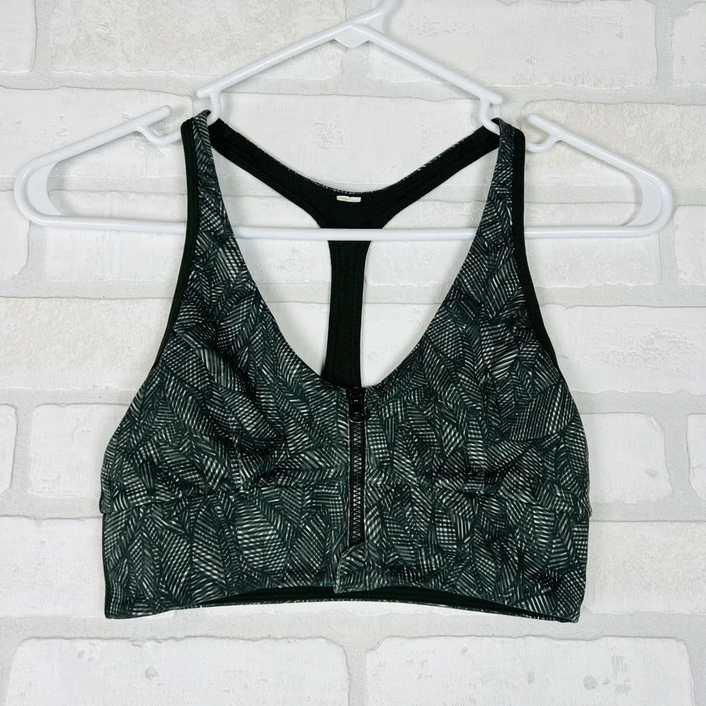 Lululemon Front Zip Racerback Sports Bra Green Geometric Palm Leaf Print Size 4